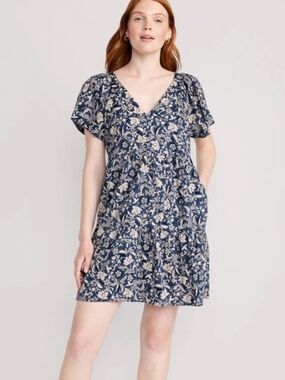 Old Navy Floral Tiered Mini Dress Small Boho Cottagecore Puff Sleeve V Neck